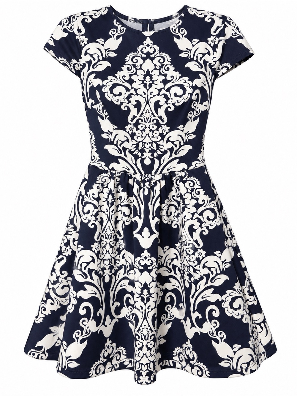 B Darlin Navy and White Fit-and-Flare Damask Dress